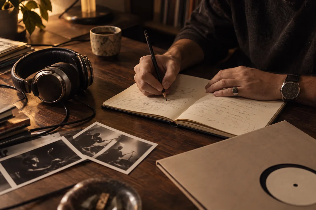 Prise de notes dans un carnet, avec un casque audio et des photographies de concert.