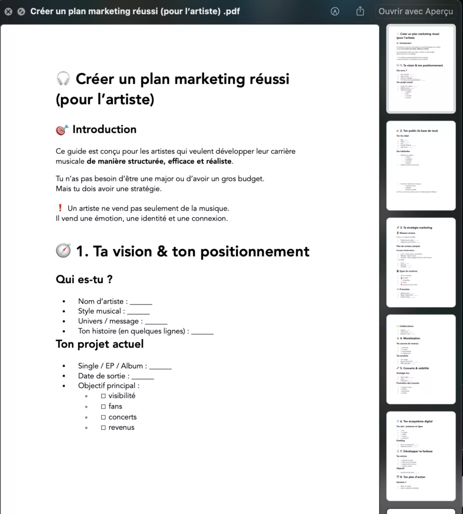 plan marketing pour artistes