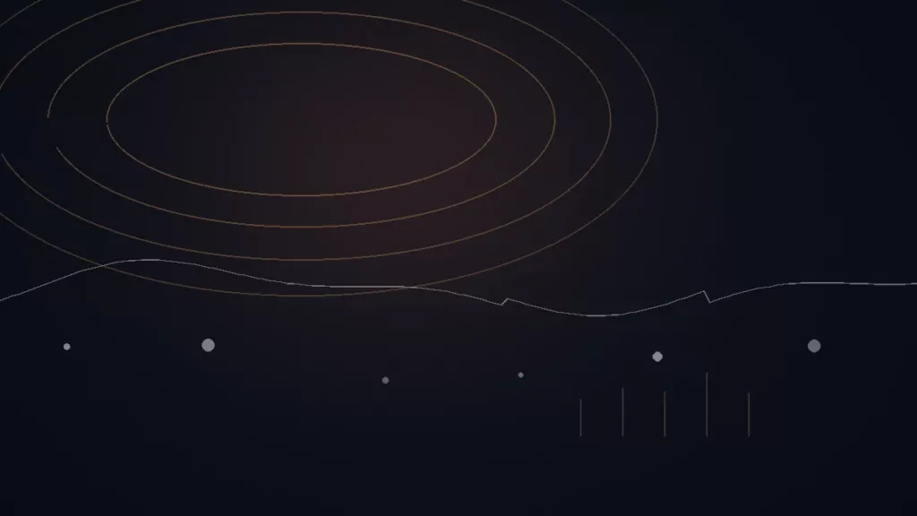 Symphonic avis — illustration abstraite : arcs cuivrés, trajectoire de diffusion et repères reliés.