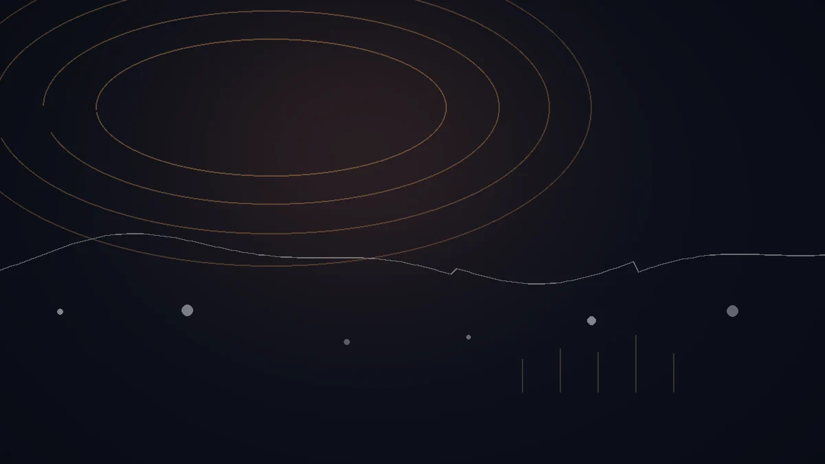 Symphonic avis — illustration abstraite : arcs cuivrés, trajectoire de diffusion et repères reliés.