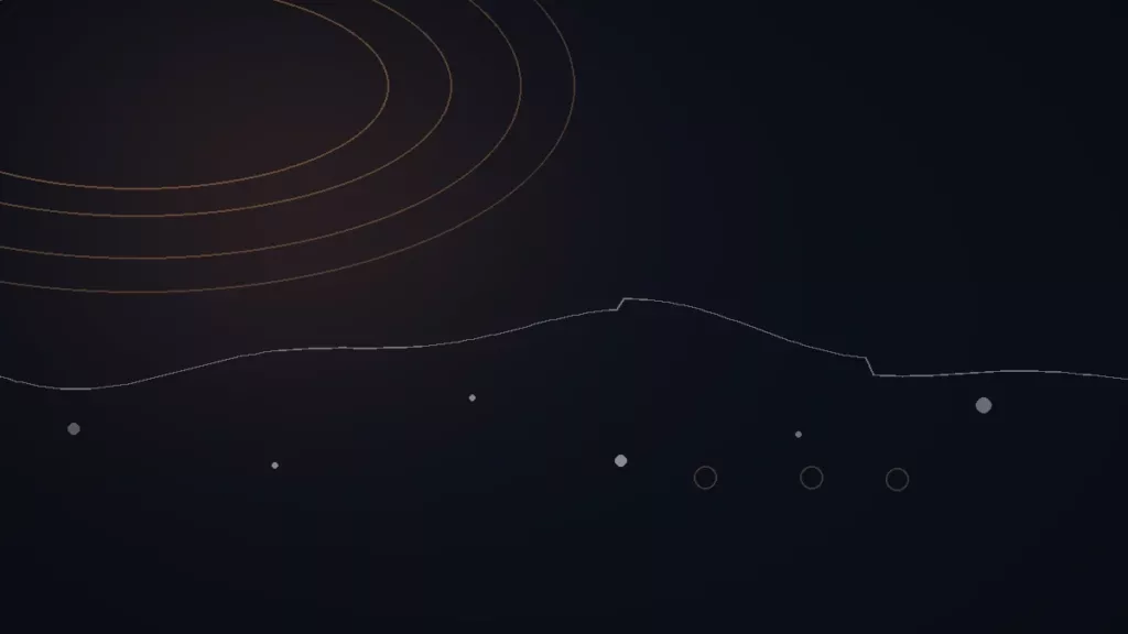 Illustration abstraite de l’avis The Syn : arcs cuivrés, trajectoire de campagne et points de contact.