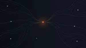 Lignes acoustiques convergeant vers un point de décision sur fond bleu-noir