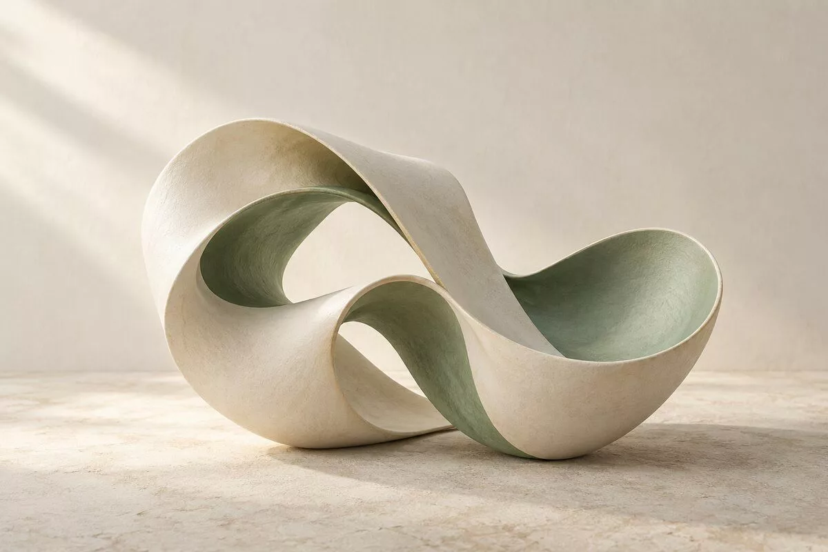 Sculpture organique aux courbes ivoire et sauge, éclairée par une lumière naturelle.